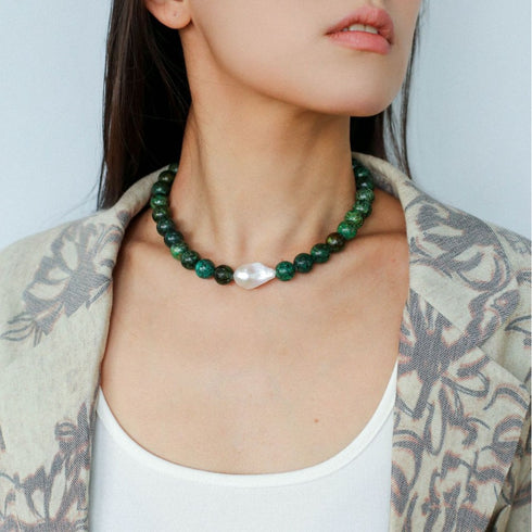 Large Baroque Pearl Green Turquoise Necklace
